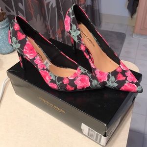 Black/pink floral heels